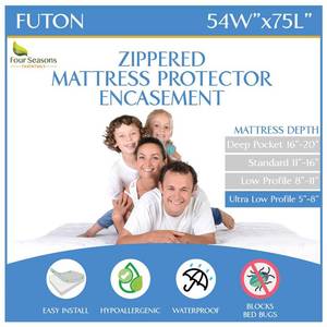 lot 11772 image: Futon Full (54x 75in) Waterproof Mattress Protector - Waterproof Zippered Encasement Premium Quality Bed Cover Protects Against Dust, Allergens White - Retail $33in