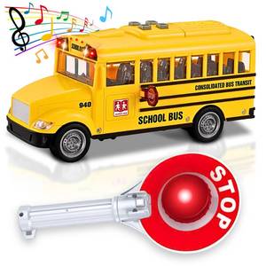 lot 11775 image: PlenPLAY Yellow School Bus Toy with Crossing Guard Stop Sign - Friction Powered 112 Scale School Bus with 4 Simulated Sounds and Lights, Back and Side Doors Open, Great Gift for Toddlers Preschoolers - Retail $13