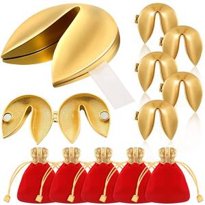 lot 12012 image: Reallnaive 5 Set Gold Fortune Cookie Metal Fortune Cookie Box Individually Wrapped Bulk Paper Message with Red Velvet Bags Kit for Christmas Weddings Decoration Couples Keepsake - Retail $26
