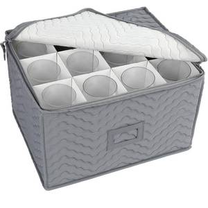 lot 12022 image: LotFancy Stemware Storage Container - Deluxe Quilted Storage Case with Dividers for 12 - Wine Glasses, Champagne Flutes, Glassware, Drinkware Storage Box Chest, 15.5x12.5inx 10in, Gray - Retail $18in