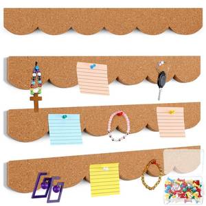lot 12026 image: CroBlissful 4 Pcs Cork Strips Bulletin Bar Strip for Wall 14. 5 x 2 Inch Frameless Cork Board Strips with 50 Push Pins, Self Adhesive Backing, for Classroom Office Home Cubicle(Scalloped Style) - Retail $15
