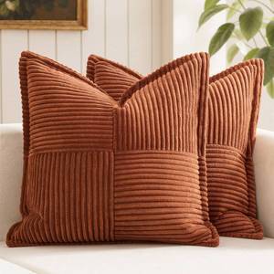 lot 12062 image: MIULEE Dark Rust Fall Decorative Throw Pillow Covers for Couch Bed Livingroom 20x20 Inch Set of 2 Boho Accent Throw Pllows Broadside Striped Patchwork Soft Corduroy Pillowcases - Retail $18
