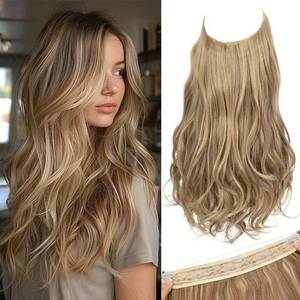 lot 12063 image: SARLA Invisible Wire Hair Extensions with 3 Clips Long Wavy Curly Synthetic Hairpiece for Women Adjustable Transparent Headband 22 Inch Sand - Retail $10