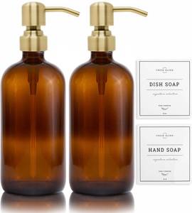 lot 12067 image: Vine Creations Amber Glass Soap Dispenser, 2 Pack Kitchen Soap Dispenser Set with Stainless Steel Pump, 16 oz Hand Soap and Dish Soap Dispensers for Kitchen or Bathroom with Waterproof Labels - Retail $25