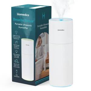 lot 12072 image: Homedics Portable Humidifier - Small Air Humidifiers for Bedroom, Plants, Office, Travel - Cool Mist Humidifiers, Color-Changing Accent Light, 2 Mist Settings, White - Retail $25