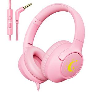 lot 12080 image: Kids Headphones with Microphone for School, 8594 dB Volume Limit, Wired Over Ear Girls Headphones for Kids with Stereo Sound 3.5mm Wired Cord for Kindle Tablet Airplane Travel, Pink - Retail $13