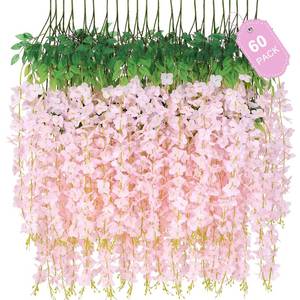 lot 17801 image: 60 Pack Light Pink Wisteria Hanging Flowers, Fake Flowers for Decoration, Artificial Hanging Flowers,Vines for Bedroom,Flower Garland for Home,Party,Garden, Wall,Wedding Decoration(3.6 FtPcs) - Retail $46