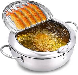 lot 17803 image: cuomaop Deep Fryer Pot, 304 Stainless Steel Japanese Frying Pot with Oil Drain, Temperature Control and Lid, Tempura Deep Fryer Pot for Kitchen StoveInduction Cooker French Fries Fryer Chicken 9.4 - Retail $24in