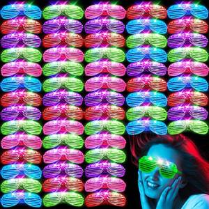 lot 17835 image: SHQDD 64Pack LED Glasses 5 Colors Light Up Glasses,Glow In The Dark Party Supplies, Shutter Shades Glow Sticks Glasses Neon Sunglasses Accessories for Kids Adults New Years Eve - Retail $34