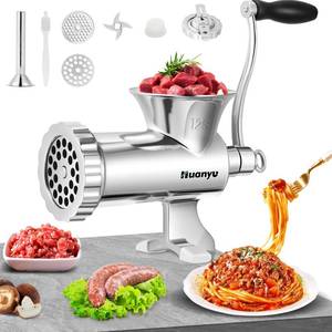 lot 17837 image: Huanyu Manual Meat Grinder Heavy Duty Sausage Stuffer Stainless Steel Hand-Cranked Meat Grinding Machine with Biscuit Making Accessories (NO.12S) - Retail $149