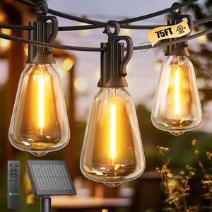 lot 17843 image: Brightown Solar String Lights Outdoor Waterproof 75FT with 35 Shatterproof ST38 LED Bulbs, 2700K Solar Lights Outdoor with Remote, Solar String Lights for Outside, Camping, Yard, Party Decor - Retail $49