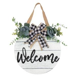 lot 18018 image: 3D Welcome Wreaths for Front Door  White Horizontal Concave Stripes Wooden Farmhouse Welcome Sign for Home Wall Decor - Retail $23