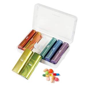 lot 18023 image: Metal Weekly Pill Organizer 2 Times a Day, Aluminium Alloy Portable Travel Pill Box, AM PM Twice Daily Pill Case for Vitamin, Medicine, Supplement, Fish Oil - Retail $19