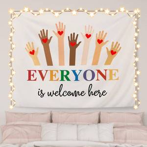 lot 18029 image: AQYIP Inclusion Diversity Equality Tapestry, Classroom Tapestry Decorative, Everyone Is Welcome Here Inspirational Wall Tapestries Blanket Decor for Home Classroom, 50x60 Inch - Retail $17