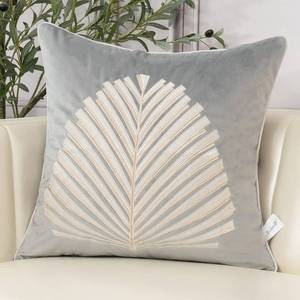 lot 18046 image: Aeckself Farmhouse Throw Pillow Cover 20 x 20 Inch, Velvet Embroidery Leaves Square Pillow Cover Luxury Modern Decorative Pillowcase for Couch Living Room Bedroom, Gray White - Retail $20