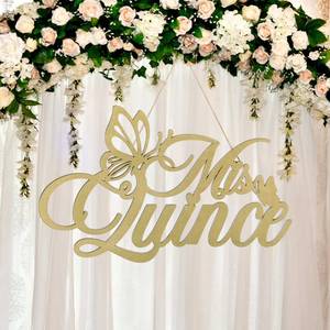 lot 18443 image: Yuntau Mis Quince Sign Quinceaera Decorations 15th Birthday Quinceaera Party Backdrop Wooden Banner Wall Decor Golden Mis Quince 15th Birthday Gift Wall Bedroom Photo Booth Decor Gift - Retail $20