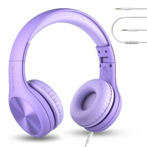 lot 18457 image: LilGadgets Connect Pro Wired Kids Headphones for School wMicrophone, Volume Limiting, Noise Reducing Over-Ear Headset wCord, SharePort Technology and SoftTouch Padding, Purple Headphones for Kids - Retail $28