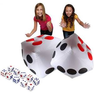 lot 18482 image: 13 Jumbo Inflatable Dice, 2pack Outdoor Fun Giant Inflatable Dice Set and 12mm 10pcs Dice for Indoor and Outdoor Broad Game, Ludo and Pool Party - Retail $9in