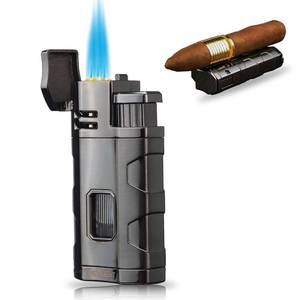 lot 18488 image: Torch Lighter Triple Jet Flame Refillable Butane Cigar Lighter Windproof Lighter with Cigar Punch Rest Holder - Butane Not Included (Gunmetal) - Retail $15
