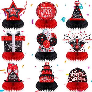 lot 18499 image: Leyndo 9 Pcs Red and Black Table Decorations Honeycomb Centerpieces Birthday Table Decorations Red Black Centerpieces for Party Supplies Topper Sign for Adults - Retail $10