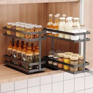 lot 19298 image: Mustorn 2 Pack Pull Out Spice Rack Organizer for Cabinet, 2 Tier Metal Slide Out Seasoning Organizer and Storage Heavy Duty Vertical Spice Rack Shelf Pullout for Kitchen Cabinets No Drilling (Black) - Retail $40