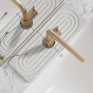 lot 19326 image: eormoe Faucet Mat for Kitchen Sink - Wider Diatomite Fast Drying Stone Sink Tray, Super Absorbent, Prevents Moisture Buildup - Faucet Splash Guard for Bathroom Counter (Light Grey, 15x5.3inch) - Retail $17