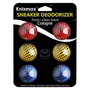 lot 20010 image: Knixmax Sneaker Deodorizer Shoe Freshener Balls, Gym Bags Lockers Car Air Fresheners, Boot Deodorant Balls Odor Eater Shoe Deodorizers 6 Packs Cologne Colorful - Retail $10