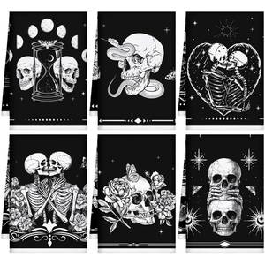 lot 20017 image: Bencailor 6 Pcs Halloween Skull Kitchen Towels Skeleton Dish Hand Towels Gothic Skull Tea Washcloth for Halloween Party Gifts Bathroom Kitchen Decor 24 x 16ftft - Retail $13