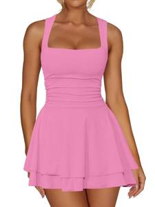lot 20030 image: Kaximil Womenfts Square Neck Ruffle Hem Mini Dress Ruched Waist Short Party Dresses, Small, Pink - Retail $34