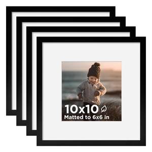 lot 20038 image: KINLINK 10x10 Picture Frame Black Set of 4, Wooden Square Photo Frames Matted 6x6 with Plexiglass for 6x6 with Mat or 10x10 without Mat for Table and Wall Display  - Retail $26