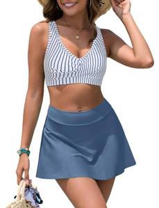lot 20073 image: ZAFUL Womens High Waisted Bikini Sets Tummy Control Swimsuits 2025 Swim Skirt Two Piece Crisscross Tie Back Bathing Suit, Stripe Blue, Medium