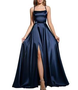 lot 4357 image: MisShow Bridesmaid Dresses Long for Women Elegant Spaghetti Straps Satin A-line Formal Gala Dress Evening Ball Gowns with Slit Navy L - Retail $56
