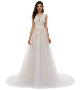lot 4369 image: Ikerenwedding Womenfts V-Neck A-line Lace Tulle Long Beach Wedding Dresses for Bride (US4, Ivory-4) - Retail $130