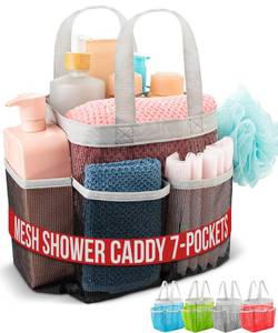 lot 4373 image: Handy Laundry Mesh Shower Caddy - 7 Pocket Portable Bathroom Organizer Tote for Travel, Gym and Dorm - Collapsible Small Shower Caddy Bag to Hold Toiletries and Essentials (Black) - Retail $7