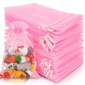 lot 4387 image: 100PCS Pink Organza Bags 4x6in - Sukh Small Organza Sachet Jewelry Gift Favor Bags Drawstring Mesh Bags Gifts Valentines Wedding Eid Mubarak Halloween Eve Christmas New Year Party Candy Fruit Wrap - Retail $8