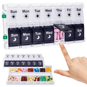 lot 4394 image: Shintop Pill Organizer 2 Times a Day, Easy Fill Weekly Pill Box Am Pm Push Button Pill Container 7 Day Medicine Organizer for Vitamins Supplements BlackandWhite - Retail $10
