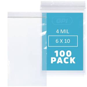 lot 4398 image: GPI - 100 Count 6 X 10in Zip Bags, Heavy-Duty 4 Mil Thick, Clear Reclosable Zipper Poly Baggies With Resealable Zip Top Lock For Storage and Packaging, Food, Tools, Sharp Objects, etc. - Retail $16in