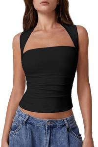 lot 4405 image: QINSEN Tank Tops for Women Square Neck Side Ruched Double Lined Slim-Fitting Going Out Crop Y2k Shirts Black XL - Retail $25