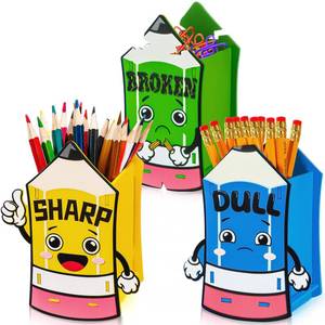 lot 4428 image: Weysat 3 Pack Sharp Dull and Broken Holder 5.5 Inch Wooden Pencil Shaped Holder Dispenser Buckets Pencil Storage Organizer Parking for Classroom Back to School Teachers Students - Retail $10