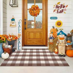 lot 4429 image: Fall Mocha and White Plaid Rugs, 3ftx5ft Area Rug Outdoor Indoor Front Porch Doormat Cotton Hand-Woven Layered Door Mats for Entryway Patio Laundry Bedroom Living Room - Retail $43