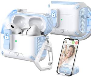 lot 4435 image: MHYALUDO for AirPods Pro 2nd1st Generation Case Cover, Compatible with Magsafe, Magnetic Automatic Lock, Charging Port Dust-Proof and Stand Design with Cleaning Kit, BlueWhite - Retail $10