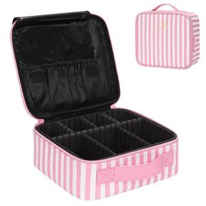 lot 5791 image: Relavel Travel Makeup Train Case, Cosmetic Case Makeup Organizer, Professional Artist Storage Bag with Adjustable Dividers for Cosmetics Brushes, Birthday Gifts for Girls and Women, Pink Stripe - Retail $23