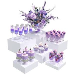 lot 5799 image: Buffet Risers, Food Display Risers for Party, White Acrylic Risers Display Stand for Buffet Table, Catering Displays for Dessert, Cube Box Nesting Riser with Hollow Bottoms (5x6inx7inx8inx9inx10in 6 PCS) - Retail $45in