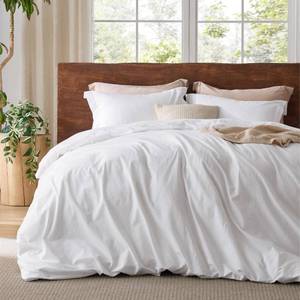 lot 5801 image: Bedsure 100percent Washed Cotton Duvet Cover King - Bright White Minimalist Duvet Cover Linen Like for All Seasons - GentleSoft� Plain Simple Cotton Bedding, 3 Pieces (Bright White, King, 104x90in) - Retail $73in