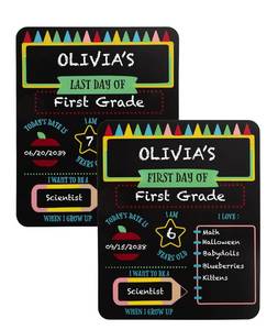 lot 5816 image: Pearhead First and Last Day of School Reversible Chalkboard, Milestone Board, Reusable Photo Sharing Prop with Chalk, Celebrate School Memories and Milestones - Retail $591