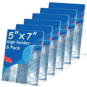 lot 6175 image: Ayuanb 6 Pcs Acrylic Sign Holder 5 x 7 Inch, Plastic Picture Flyer Holder Vertical Slanted Back L Shape Display Stand Acrylic Picture Frame, Table Signs Holder for Business, Office, Restaurant - Retail $10