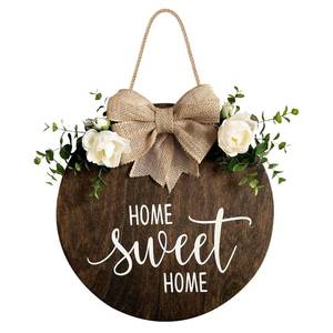 lot 6185 image: Home Sweet Home Farmhouse Welcome Sign, Round Wood Hanging Door Decor with Ribbon Bow and Faux Greenery, Rustic Porch Wreath for Thanksgiving, Christmas, Brown Front Door Hanger - Retail $20