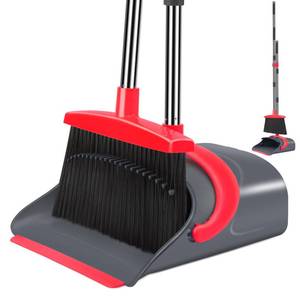 lot 1175 image: Broom and Dustpan Set,Broom with Dustpan Combo Set Dust pan with Long Handle, for Home Kitchen Room Office Lobby Floor Use Upright Stand Up(GrayandRed) - Retail $27