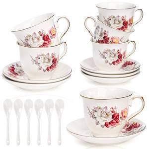 lot 1176 image: WRINGKIT Tea Cups and Saucers Set of 6, 8 Oz Porcelain Floral Tea Cups with Gold Trim Spoon, Bone China Coffee Cup Saucer Gift Set for Cappuccino, Espresso, Latte, Cafe Mocha - Retail $33