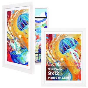 lot 1187 image: KINLINK 9x12 Kids Art Frames Set of 2, Solid Wood Kids Artwork Frames Changeable with Acrylic Front Opening Holds 150 Pictures, Art Frame for Kids Artwork with Mat or without Mat, White - Retail $30